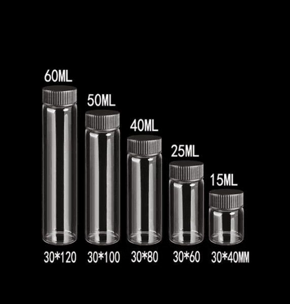 Wholesale 15ml 25ml 40ml 50ml 60ml Glass Bottles Plastic Cap Black Screw Transparent Glass Vials Plastic Wedding Bottle Jars Artware 50pcs