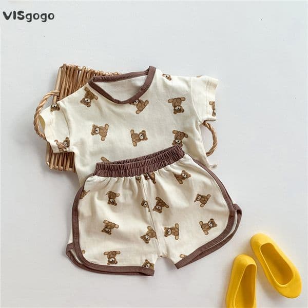 Clothing Sets VISgogo Baby Girls Boys Summer Clothes Cute Bear Print Outfit Short Sleeve T shirt Tops Shorts Casual Two Pieces Set 230209