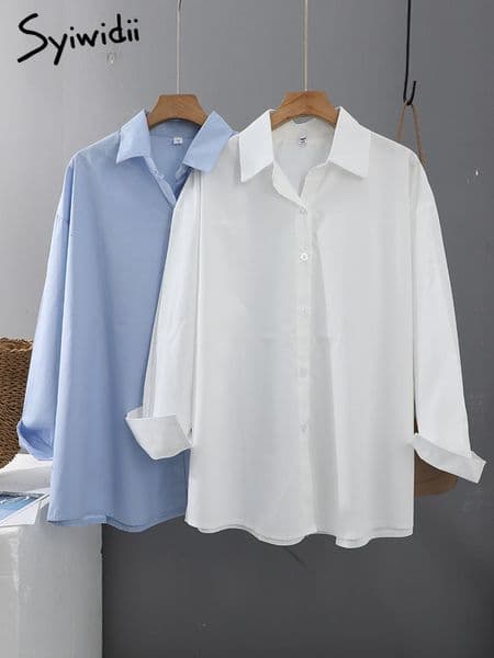 Women's Blouses Shirts Syiwidii Women Office Ladies Cotton 100% Oversize Loose Tops Pink White Blue Long Sleeve Fashion Button Up Shirt 230211