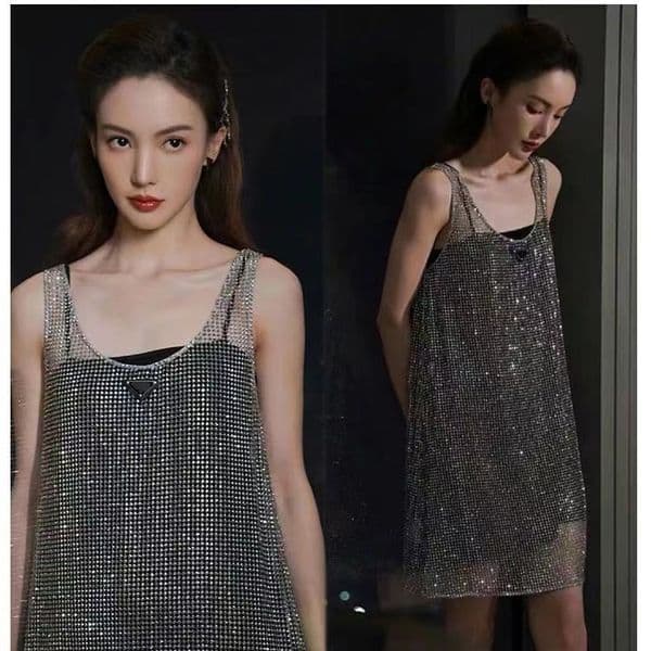 Womens Dress Black Satin Sling Dress Rhinestone Shiny Hollow Vest Dresses 2pcs Set Ladies Sleeveless Blouse Clothing