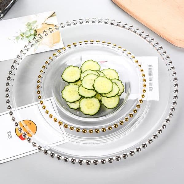 Dishes Clear Charger Plate With Gold Beads Rim Acrylic Plastic Decorative Service Plates Dinner Serving Wedding Xmas Party Decor B5