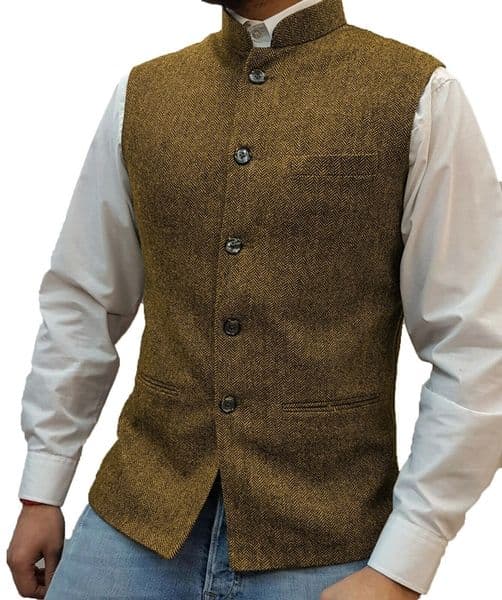 Men's Vests Suit Brown Herringbone Wool Tweed Standup Collar Slim Fit Waistcoat Groom Costumes Clothing For Men Wedding 230222Z