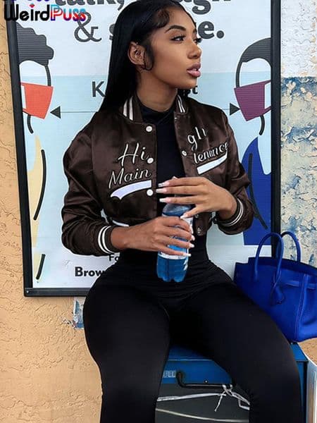 Womens Jackets Weird Puss Y2K Jacket Varsity Uniform Women Letter Print Casual Sporty Button Baseball Wild Street Vintage Short Coat Outwear 230223