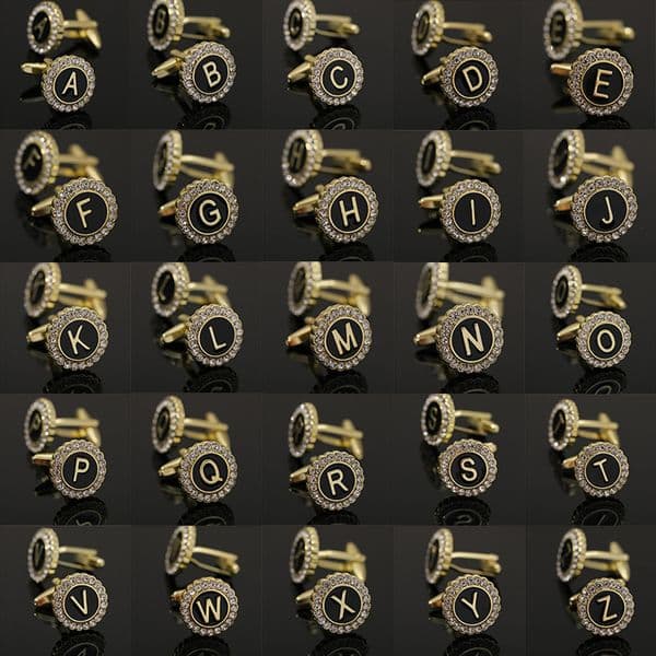 Fashion 26 English Letters Gold French Cufflink Designer Man Alloy Black Oval Enamel Rhinestone Round Shirt Business Suit Mens Cufflinks Jewelry for Friend Gift