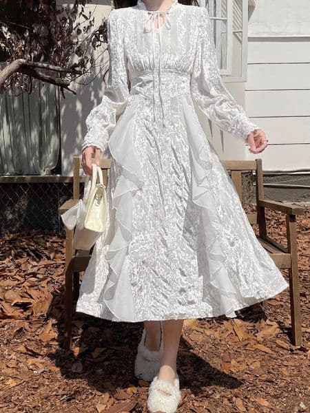 Casual Dresses Sweet Mori Girl Elegant Fairy White Temperament Women Dress Spring V-Neck Bandage Long Sleeve Princess Preppy Style Mid
