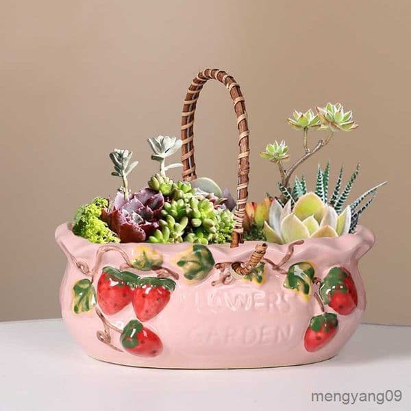 Planters Pots Ceramic Flower Pot Cute Strawberry Succulent Plant Pots Vase Green Plants Planter for Indoor Plants Pot Home Desktop Decoration L260529