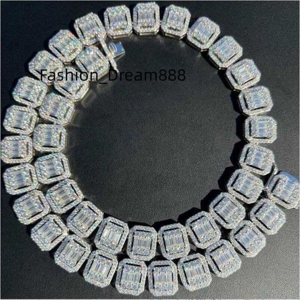 Men's 12mm wide moissanite baguette square link chains real 925 silver square chain necklace hip hop bust down chain