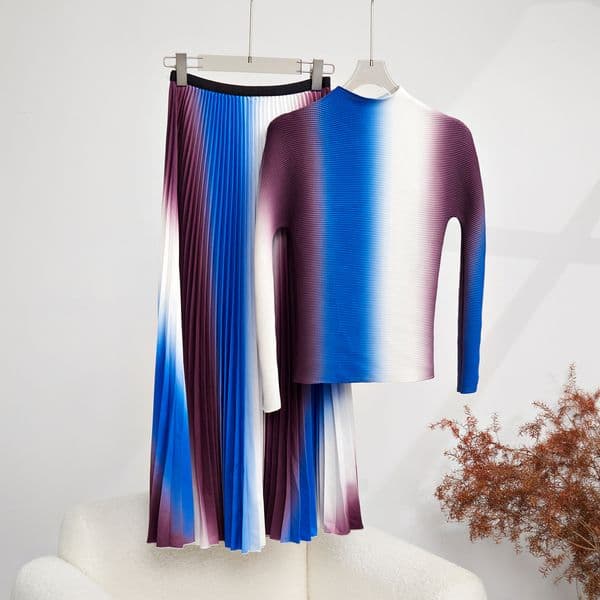 Two Piece Dress Pleated Skirt Suit Runway Women's Gradient Stretch Pullover T-Shirts + High Waist Midi Long Skirt Holiday Two Piec 2024