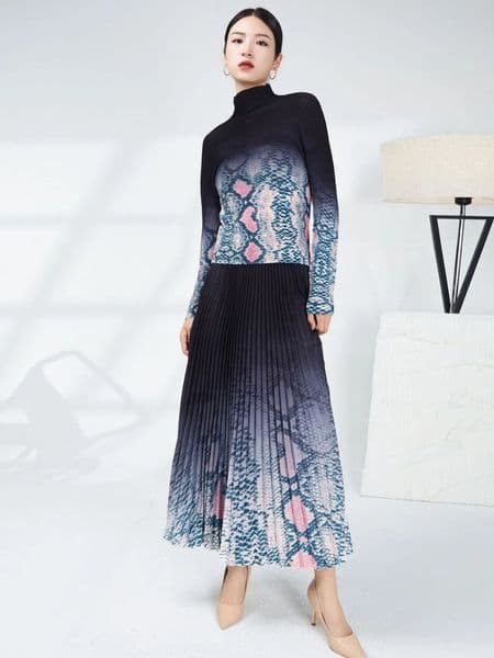 Two Piece Dress Skirt Suit Two Piece Set Fow Women High Collar Long Sleeve Leopard Print Stretchy Tops Elastic Waist Pleated Skirt Outfits 2024