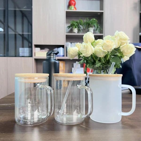16oz Sublimation glass coffee mug with bamboo lid handle blank frosted clear pre-drilled snowglobe glass tumbler tea beer mugs wine cola cup JJ 10.7