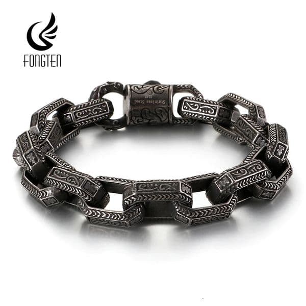 Charm Bracelets Fongten Vintage Square Bead Bracelet For Men Black Stainless Steel Viking Punk Charms Heavy Bracelets Fashion Jewelry Wholesale 231009