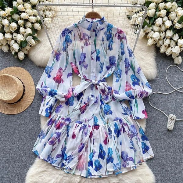 Basic Casual Dresses Summer Runway Holiday Boho Short Dress Women Clothing Turleneck Long Lantern Sleeve Flower Print Belted Blue Mini Chiffon Vestidos 2024