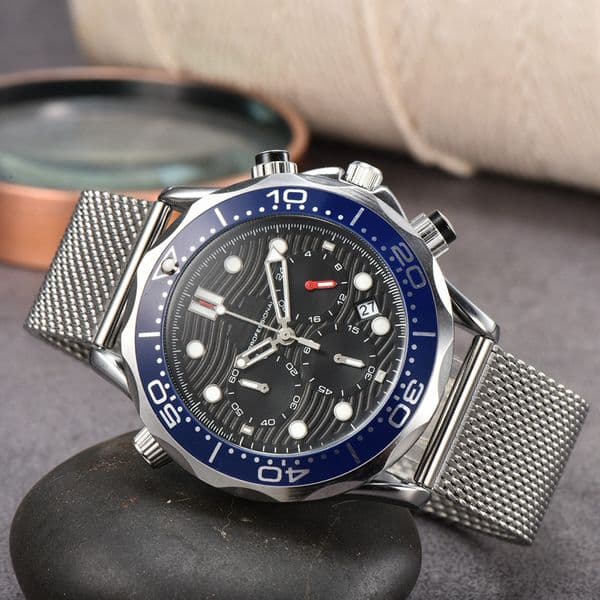 Omeg Wrist Watches for Men 2024 Mens Watches Six needles All dials work Quartz Wastch Top Luxury Brand Chronograph Clock Mesh Strap Fashion gift Seamasters Style