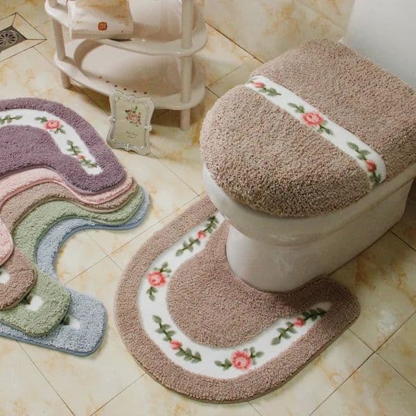 Bath Mats Pastoral Style Toilet Rug Flower Pattern Bathroom Mat Set U Shape Carpets Floor Decor Fiber Lid Cover 231019