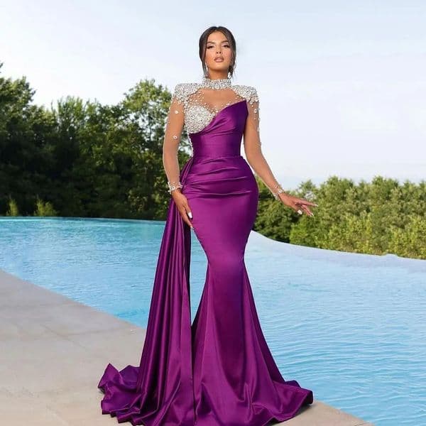 Luxury Purple Prom Formal Dress Women 2024 High Neck Crystal Beads Long Illusion Sleeves Draped Train Elegant Evening Party Gowns Vestidos De Gala