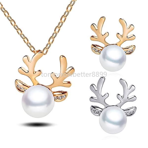Cute Reindeer Antlers Pearl Earrings Chain Pendant Necklace for Women Girls Xmas Necklace Decoration Reindeer Stud Earrings
