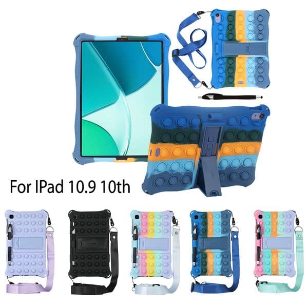 Soft Bubble Silicone Case For iPad 10th Generation 10.9 inch Kids Shockproof Stand Tablet Cases Push Bubble Fidget Anti-Stress Protective Shell with Shoulder Strap