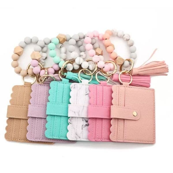 PU Bracelet Leather Wallet Keychain Party Favor Tassels Bangle Key Ring Holder Card Bag Silicone Beaded Wristlet Keychains Fy3399 B1019 S s
