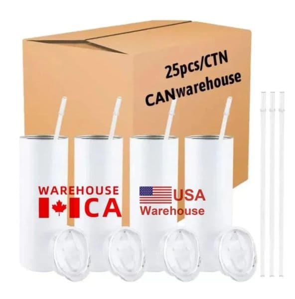 CA USA Warehouse 20oz Sublimation Tumblers Blank White Straight Blan Heat Press Mugs Cups Straw Can With Bamboo Lid 1027