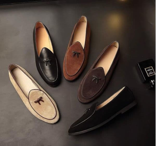 Mens Leather Black Suede Slippers Belgian Dress Shoes Casual Men Loafers With Bowtie Men's Flats
