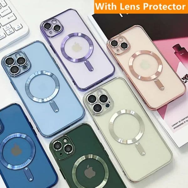 Wireless Magnet Plating Phone Case For Magsafe For iPhone 17 16 15 14 13 12 11 Pro Max 14Plus 15Plus 16plus Magnetic Soft TPU Back Cover with Camera Len Protection