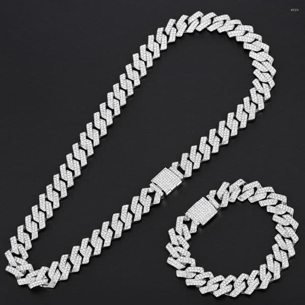 Chains 15mm Miami Prong Cuban Chain Link Silver Color Necklaces 2 Row Full Iced Out Rhinestones Bracelet Set For Mens Hip Hop