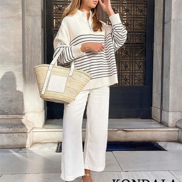 Women's Knits Tees KONDALA Sweaters Vintage Women Fashion Stripe Loose Zipper Knitting Sweaters Long Sleeve Female Pullover Tops Casual Blouse 220914
