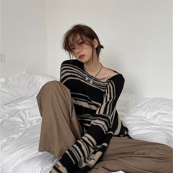Women's Knits Tees LMQ Women Punk Gothic Striped Long Sleeve Loose Patchwork Sweater Hip Hop Retro Oversize Pullover Casual Knitted Jumpers 220915