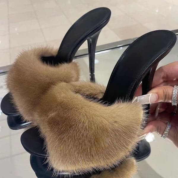 Mink hair slippers Women's leather thin heel leopard print sexy fashion dinner sandals 9.5CM Luxury designer open toe high heels color dress Brand shoes Factory shoes
