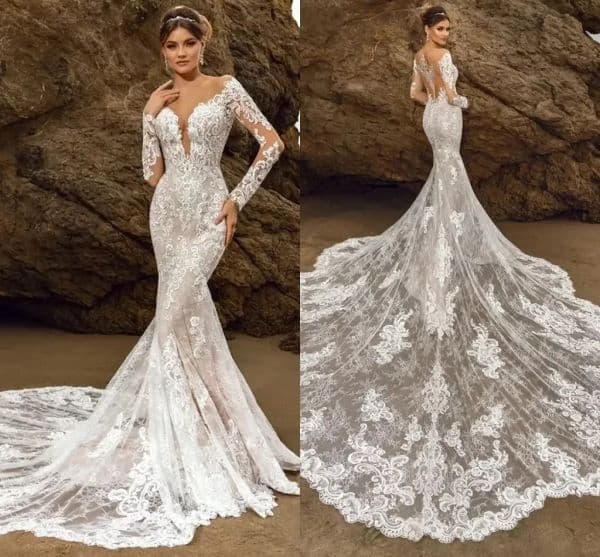 Wedding Mermaid Dresses Lace Deep V-Neck Neckline Full Sleeves Chapel Train Plus Size Bride Gown Vestidos De