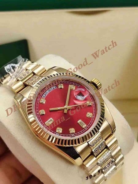 36MM Watches For Men Ladies Dress Women's Date Red Dial yellow Gold Men Watch Fashion Business Automatic Movement Diamond Bracelet Strap Wristmaps With Original box