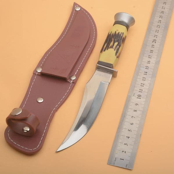 folding knife G1105 Survival Straight Knife 440C Satin Blade Resin Handle Outdoor Camping Hiking Fishing Hunting Fixed Blade Knives with Leather Sheath