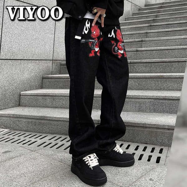 Men's Jeans Y2K Clothes Men Women Baggy Printed Straight Denim Washed Trousers Ripped Baggy Wide Leg Jean Pants Streetwear Clothes Korean T221102
