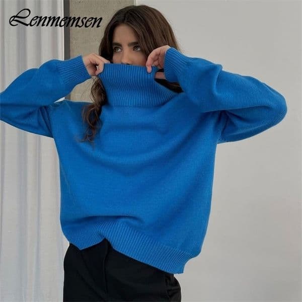 Women's Sweaters Lenmemsen Winter Loose Knitted Sweater Women Casual Turtleneck Long Sleeve Solid Pullover Female Trendy Cashmere Basic Jumper 221109