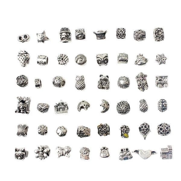 48pcs/Set Mixed Antique Silver Alloy Charms Beads Metal Bear Butterfly Animal Big Hole Charm Loose Beads for Bracelet Bangle DIY Jewelry Making Accessoies