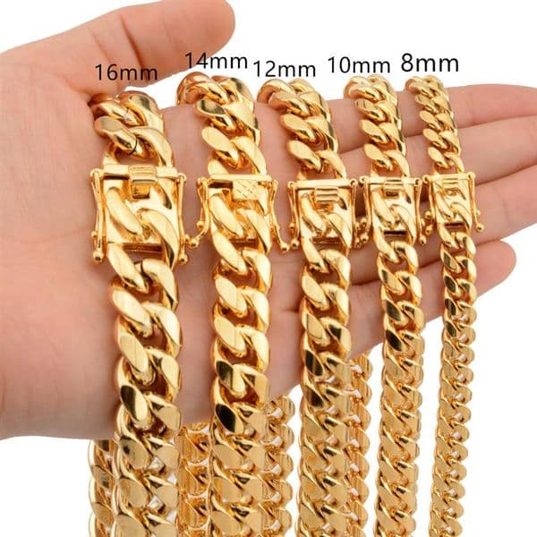 8mm 10mm 12mm 14mm 16mm Miami Cuban Link Chains Stainless Steel Mens 14K Gold Chains High Polished Punk Curb Necklaces2849