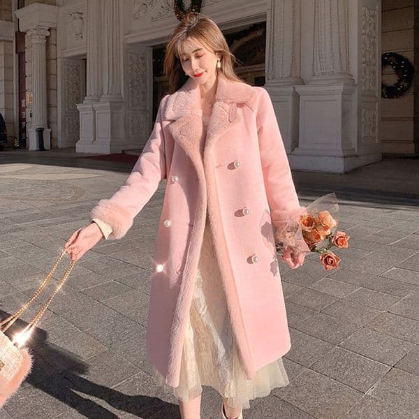 Women's Wool Blends Women Winter Plush Lining Thick Warm Elegant Pink Faux Fur Coat Female Lapel Fairy Woolen Coats Lady Pearl Button Outerwear 221121