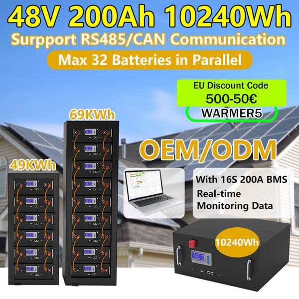 48V LiFePO4 200Ah 150Ah 100Ah Battery Pack 51.2V 10KWh with RS485 CAN Max 32pcs in Parallel for Energy Storage Emergency Power