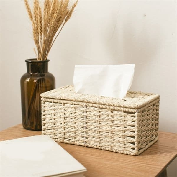 Tissue Boxes Napkins Rattan Box Vintage Napkin Holder Case Clutter Storage Container Cover Living Room Desk Decoration L221008