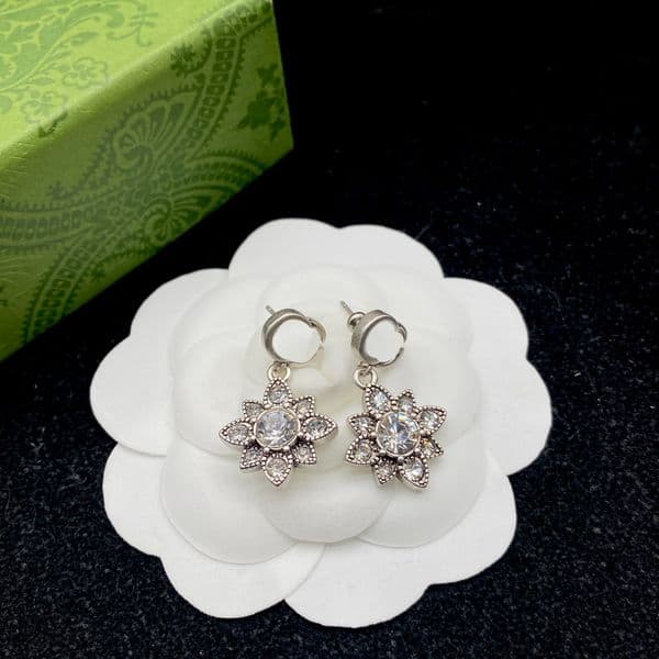 Chic Silver Floral Pendant Earrings Charm Double Letters Designer Studs Rhinestone Flower Dangler Ear Hoops With Box