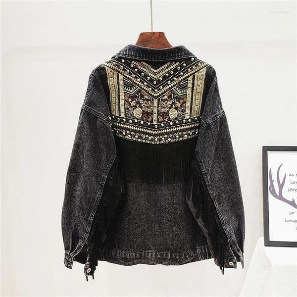 Women's Jackets Handwork Rivet Tassel Embroidery Denim Jacket Women Outerwear Streetwear Loose Chaquetas Mujer Black Jeans Coats Female