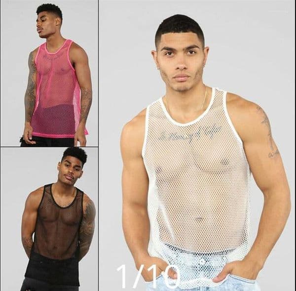 Men's Tank Tops Men's fashion mesh hollow breathable thin top sports vest