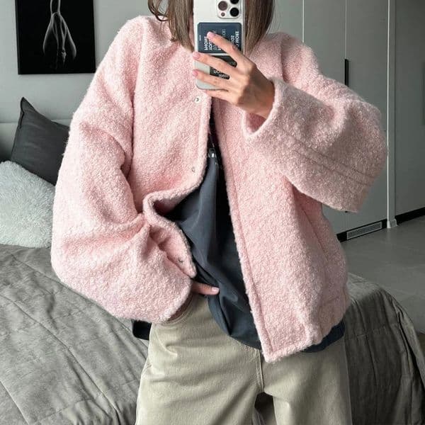 BKLD Casual Fashion Style Womens Pink Fleece Thick Warm Jackets Simple Elegant Stand Collar Long Sleeve Pockets Loose Fit Coats 250901BJ
