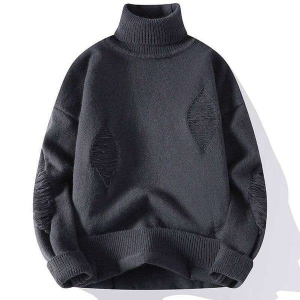 Autumn Winter Men's Hole Turtleneck Solid Color Casual Knitted Sweater Men Fashion Loose Streetwear Knit Pullovers Man
