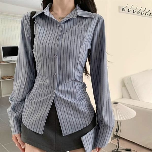 Korean Blue Striped Long Sleeve Shirt Jacket Womens Spring n Waist Cinching Slimming Top Women Clothing w250828BJ