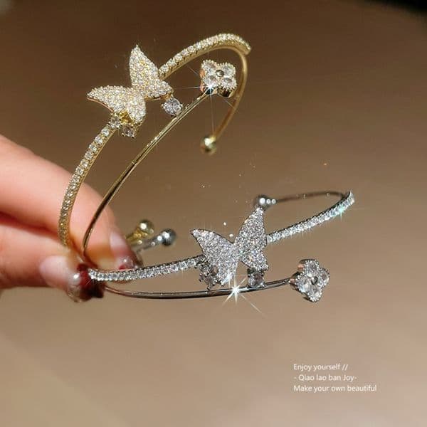 Gold Toned CZ Encrusted Bangle, Butterfly Floral Accents, Dazzling Glam for Daily or Elegant Styles, Eye - Catching Jewelry Accessory