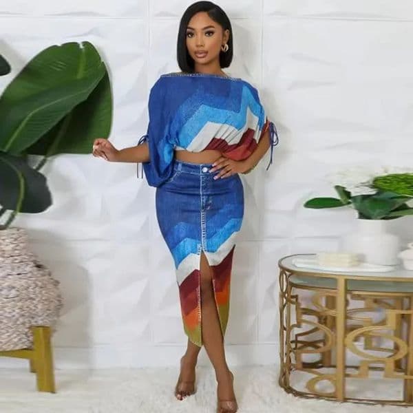 Print Elegant Party Dress Sets Womens 2 Piece Outfit Slash Neck Batwing Sleeve Crop Top and Midi Skirt Matching Clubwear 250902BJ