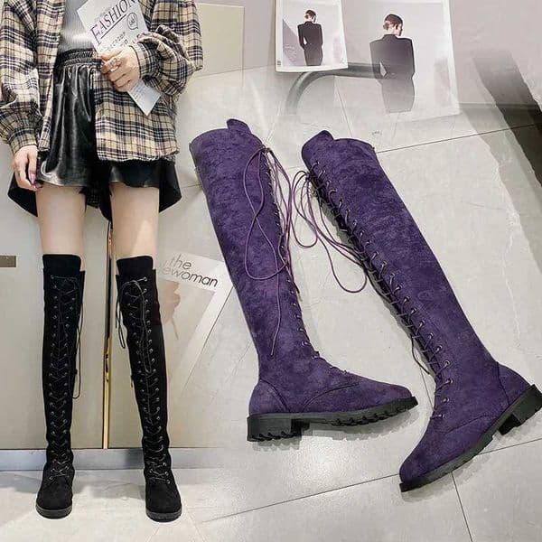 New Sexy LaceUp Womens Over The Knee Boots Suede Thigh High Boots Rome Low Heels Gothic Shoes Fashion Women Shoes Plus Size 43 W250902