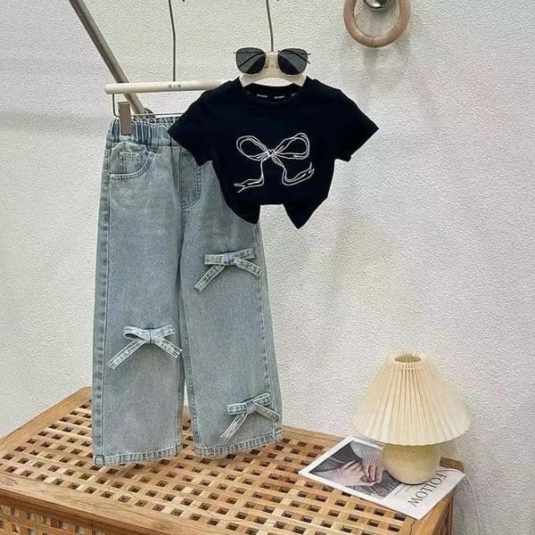 Childrens Clothing Sets Printed Bow Short Sleeve Top Jeans 2pcs Sets Girls Clothes Baby Girl Outfit Set Kids Clothes Girls 250902BJ