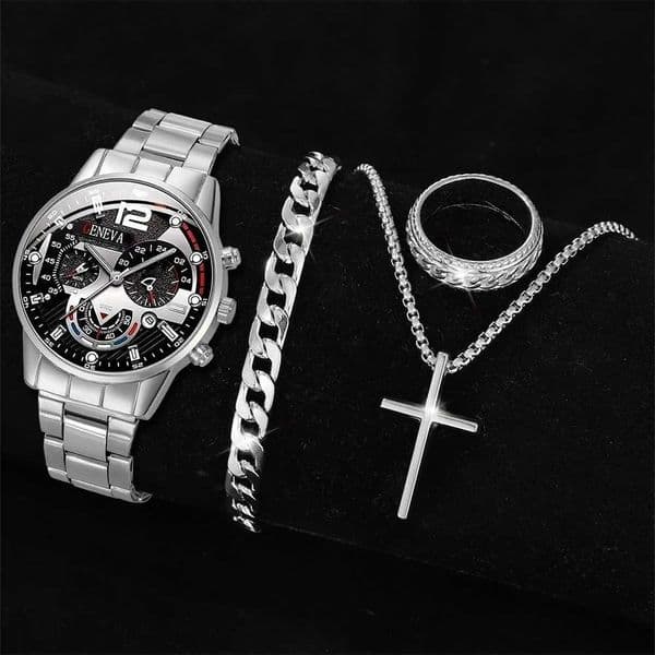 Mens 4Pcs Fashion Set Casual Quartz Watch With Calendar Silver Cross Pendant Necklace Ring and Bracelet Perfect Gift For HimXJ250902